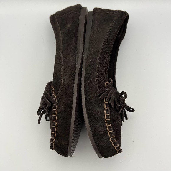Decree Womens Leather Moccasins size 7M Dark Brown Fringe Contrasting Stitching - Picture 7 of 10